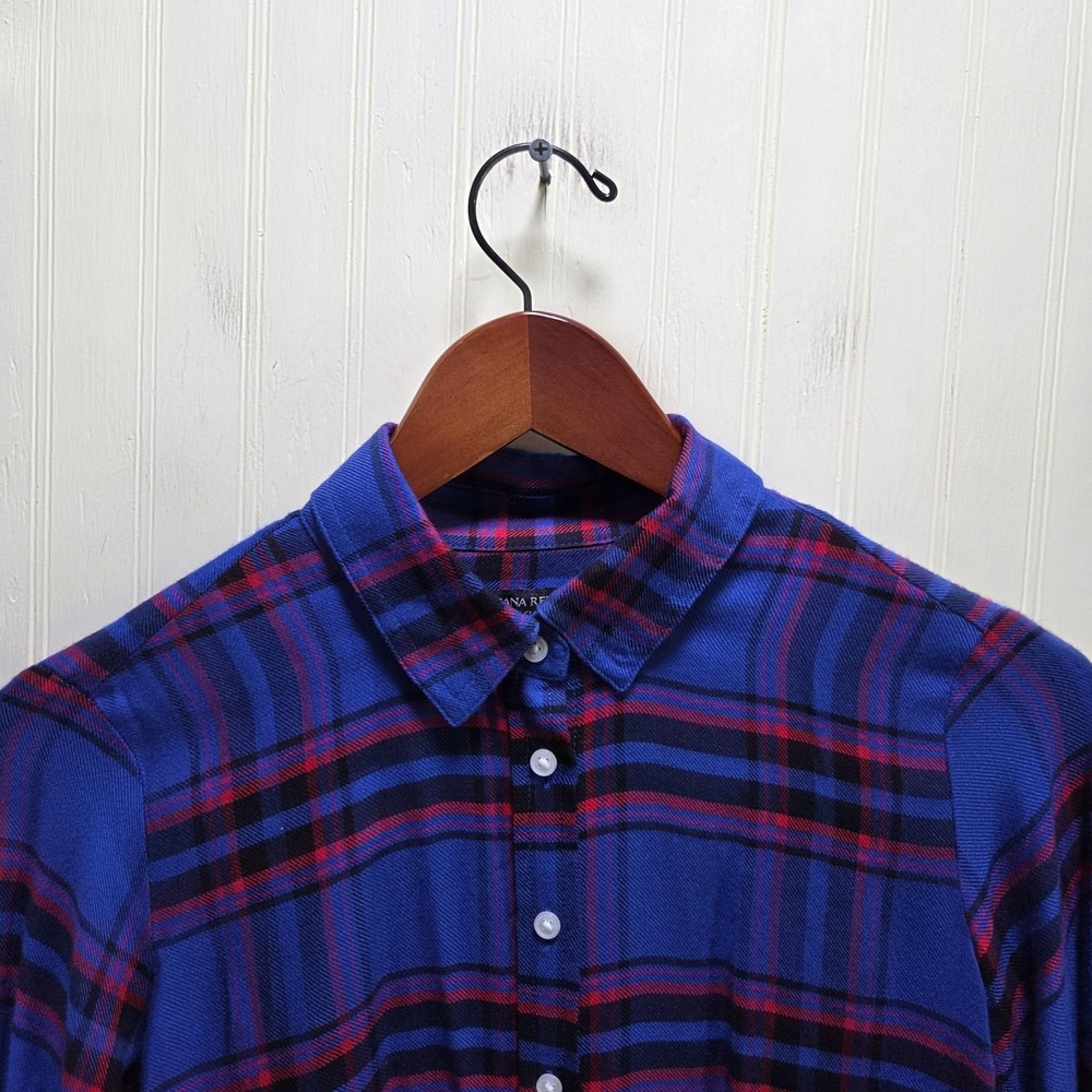 Banana Republic Button Up Shirt Womens XXS Petite Blue Plaid Flannel Casual Top